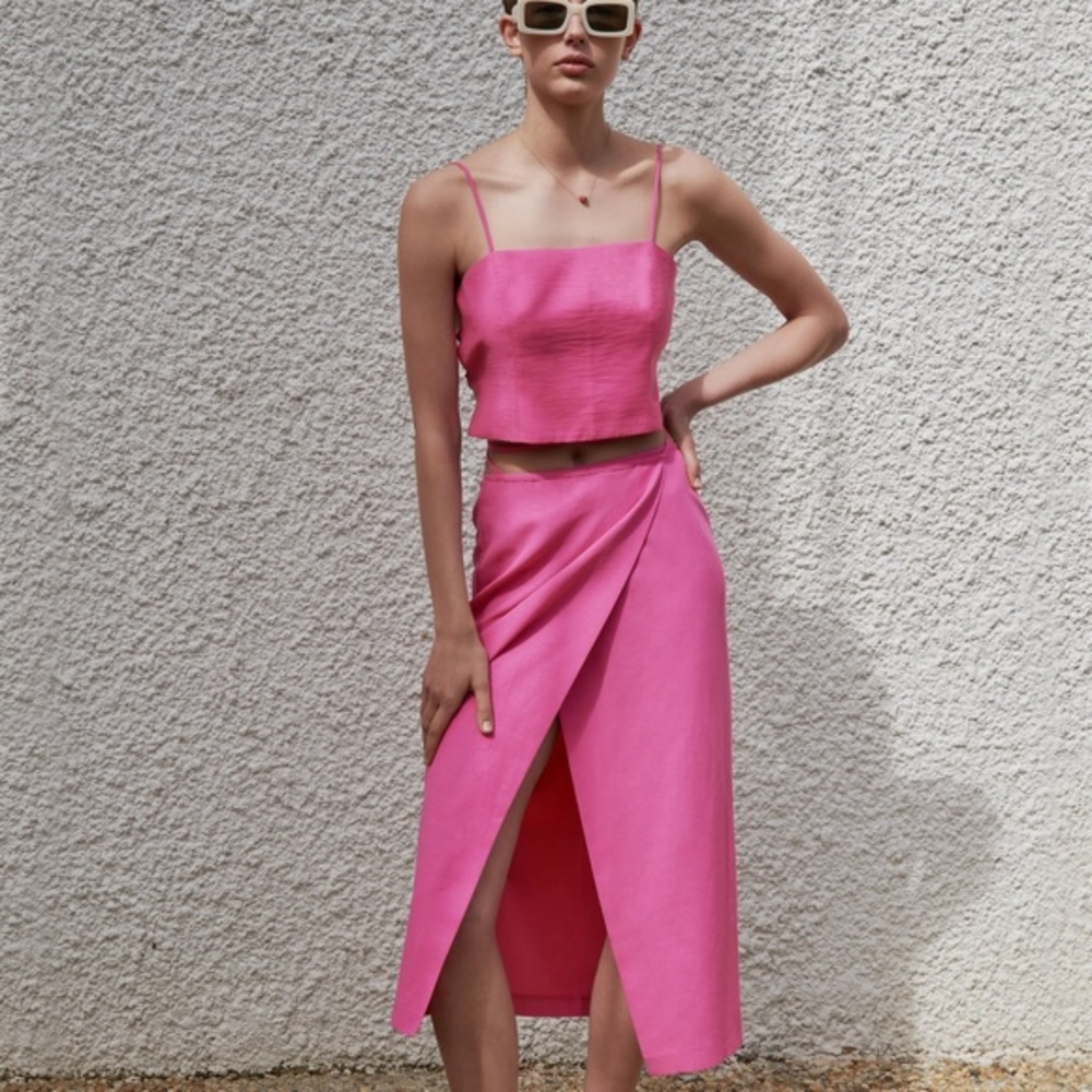 NWT Zara Linen Blend Pareo Skirt Hot Pink